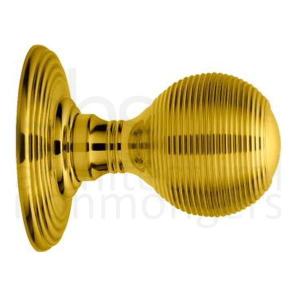 DK37C • Polished Brass • Delamain Reeded Mortice Knobs On Concealed Fix Round Roses