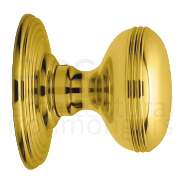 DK39C • Polished Brass • Delamain Ringed Mortice Knobs On Concealed Fix Round Roses