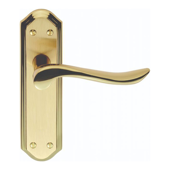 DL451SBPB • Long Plate Latch • Satin / Polished Brass • Carlisle Brass Lytham Levers On Short Backplates