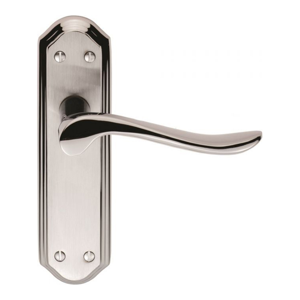 DL451SCCP • Long Plate Latch • Satin / Polished Chrome • Carlisle Brass Lytham Levers On Short Backplates