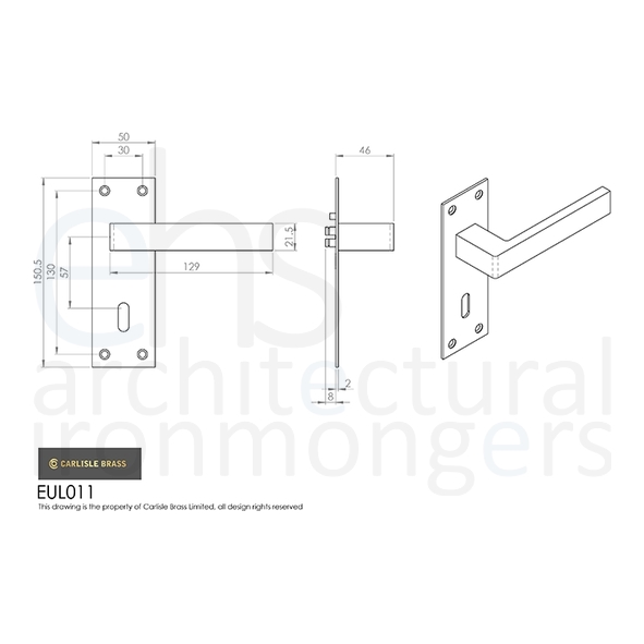 EUL011PN • Standard Lock [57mm] • Polished Nickel • Carlisle Brass Finishes Sasso Levers On Backplates