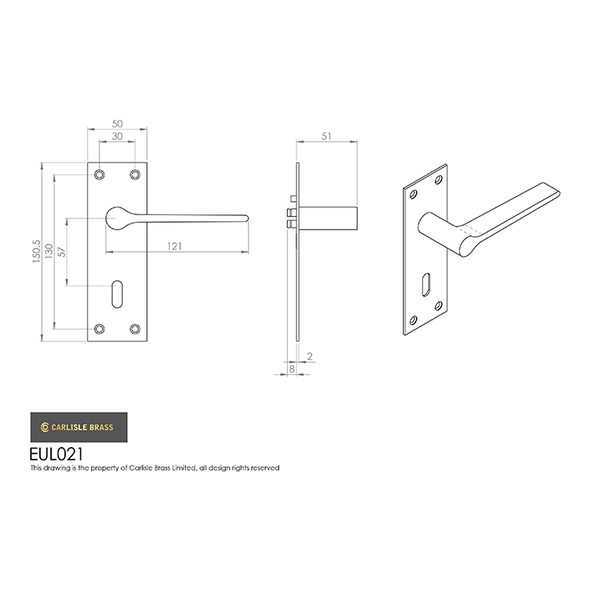 EUL021PN • Standard Lock [57mm] • Polished Nickel • Carlisle Brass Finishes Velino Levers On Backplates