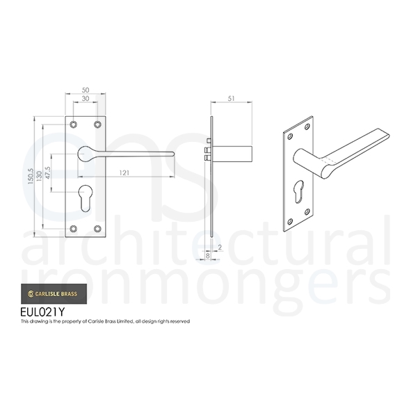 EUL021YMB • Euro Cylinder [47.5mm] • Matt Black • Carlisle Brass Finishes Velino Levers On Backplates