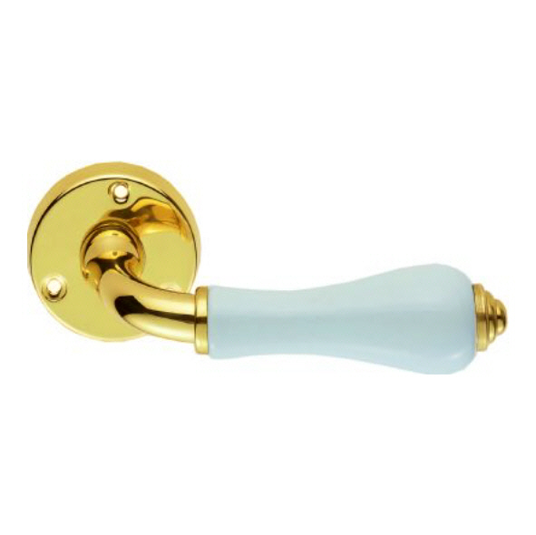 PLW • White • Polished Brass Rose • Carlisle Brass Porcelain Levers On Round Roses