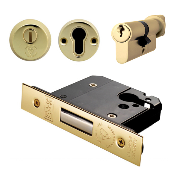 EDB5030/CT/PVD  076mm [057mm]  PVD Brass  Square  BS8621 Insurance Euro Thumbturn Cylinder Deadlock With Escutcheons