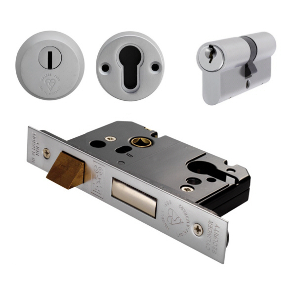 ESB5025SSS • 067mm [044mm] • Satin Stainless • Square • BS3621 Insurance Euro Double Cylinder Sashlock With Escutcheons