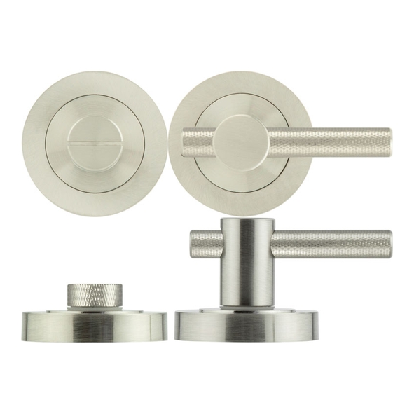 JV855SN  Satin Nickel  Jedo Knurled Bathroom Turn With Release