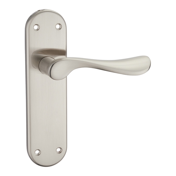 FLATWAV-SN  Long Plate Latch  Satin Nickel  Fortessa Wave Levers On Backplates