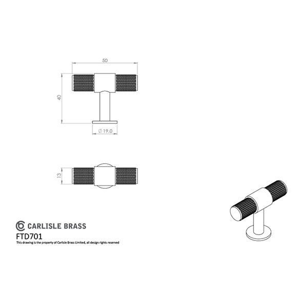 FTD701MB • 50 x 13 x 40mm • Matt Black • Fingertip Design Knurled T-Bar Cabinet Knob