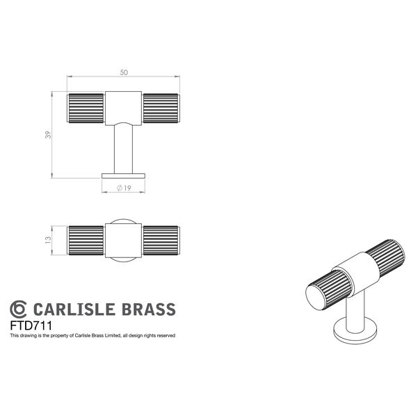 FTD711AB • 50 x 13 x 40mm • Antique Brass • Fingertip Design Lines T-Bar Cabinet Knob