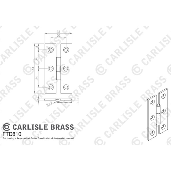 FTD810 • 63 x 38 x 2.5mm • Polished Brass • Fingertip Design H-Pattern Hinges