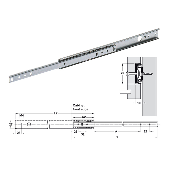 12kg Single Extension Side Mount Drawer Runners (Galvanised)