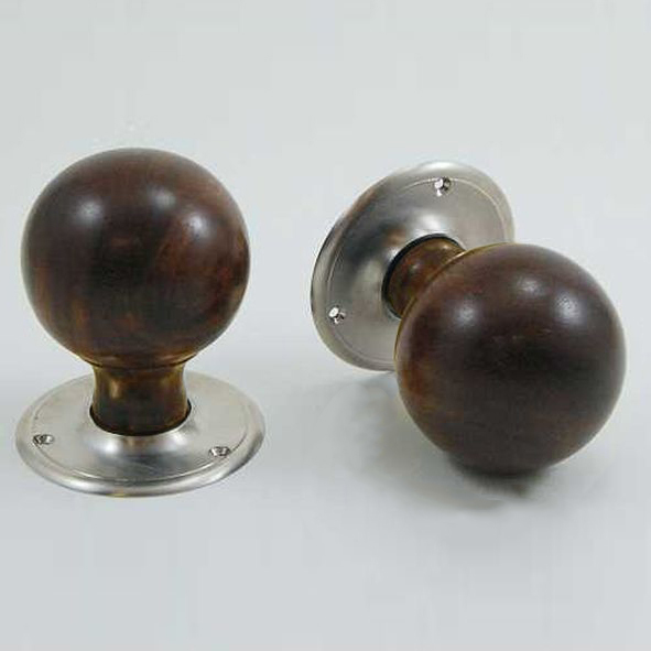DKF084DWC-SNP • Rosewood / Satin Nickel • Timber Sphere Knobs On Round Roses