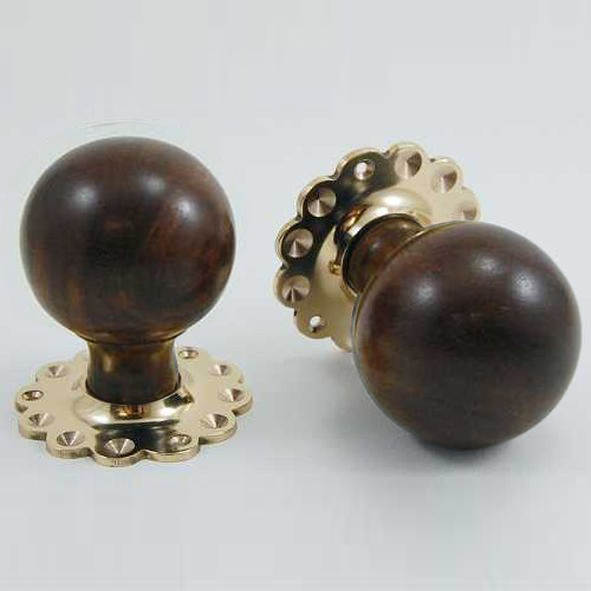 DKF084DWF-PBU • Rosewood / Unlacquered Brass • Timber Sphere Knobs On Daisy Roses