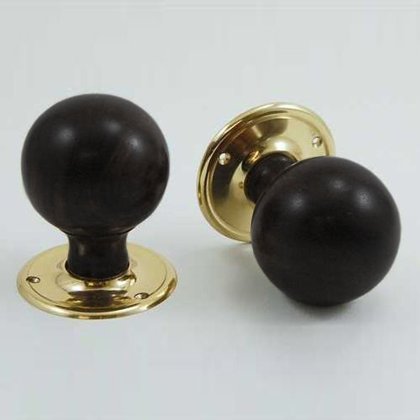 DKF084MXC-PBL • Ebony / Lacquered Brass • Timber Sphere Knobs On Round Roses