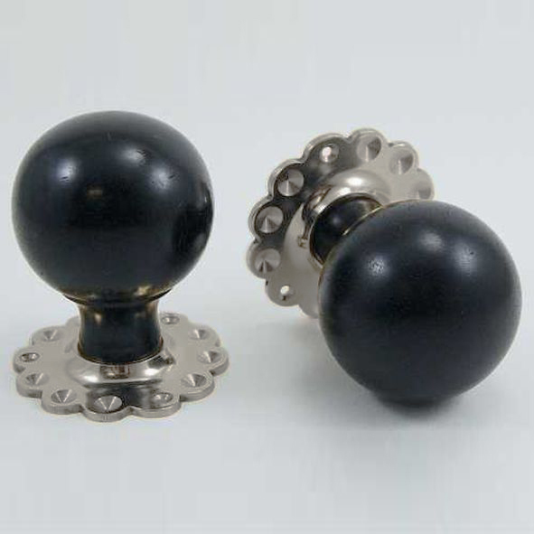 DKF084MXF-SNP  Ebony / Satin Nickel  Timber Sphere Knobs On Daisy Roses