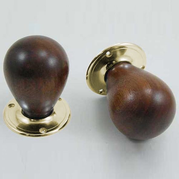 DKF085DWC-PBL • Rosewood / Lacquered Brass • Timber Tulip Knobs On Round Roses