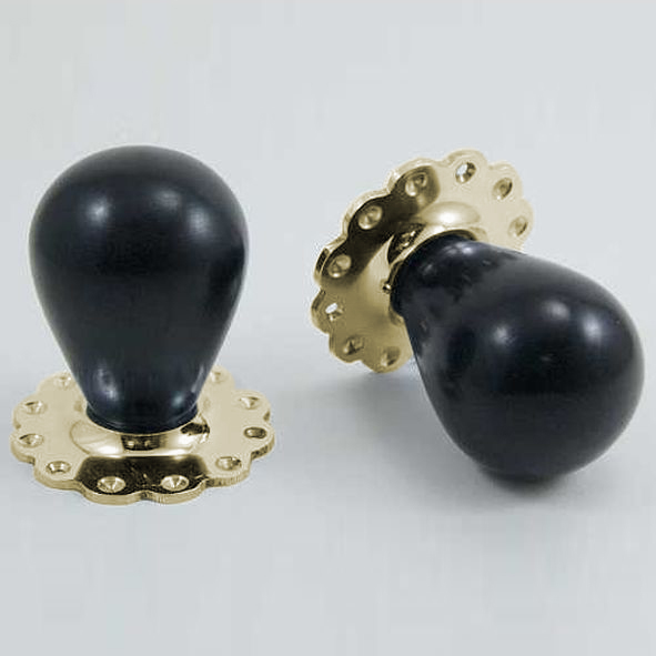 DKF085MXF-PBL  Ebony / Lacquered Brass  Timber Tulip Knobs On Daisy Roses