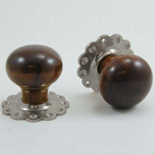 DKF091DWF-SNP  Rosewood / Satin Nickel  Timber Mushroom Knobs On Daisy Roses