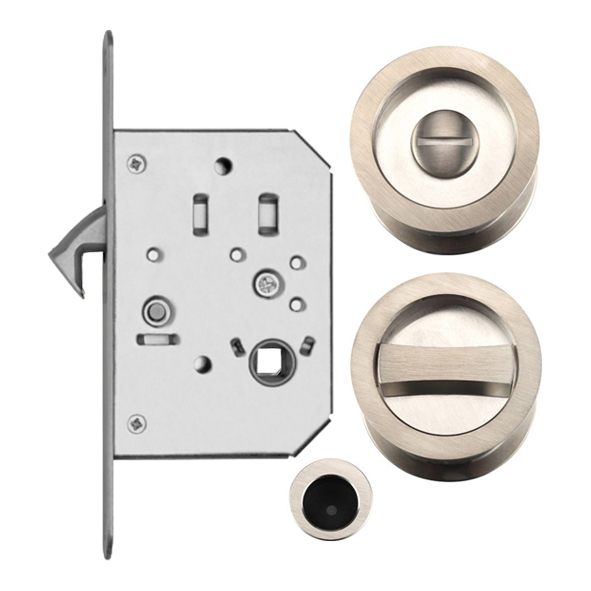 EPD 71 • For 44mm Door • Satin Stainless • Sliding Bathroom Lock Set With Round Fittings