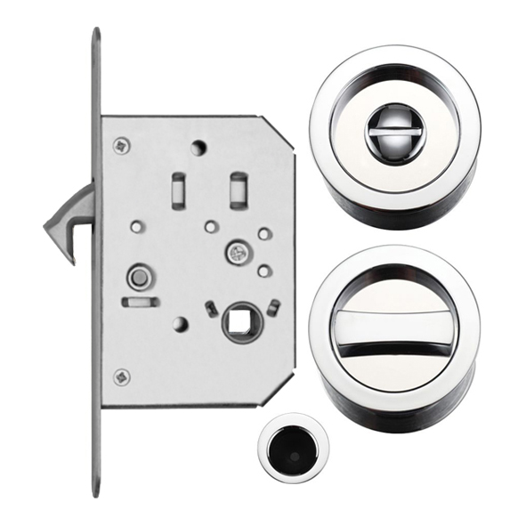 EPD 72 • For 44mm Door • Polished Stainless • Sliding Bathroom Lock Set With Round Fittings