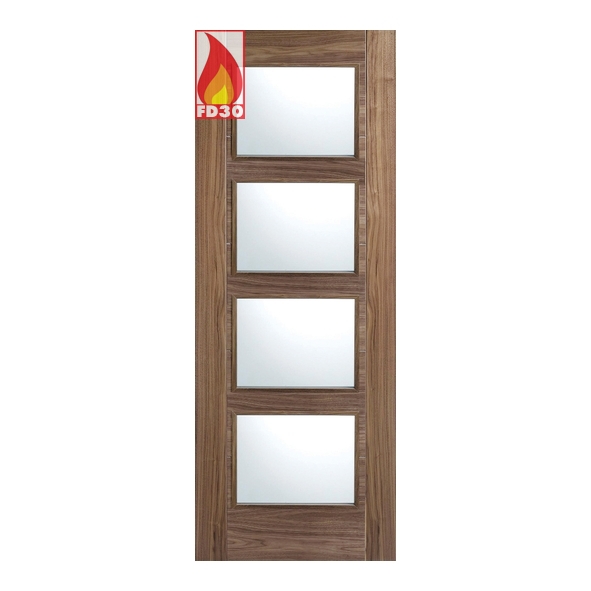 LPD Internal Prefinished Walnut Vancouver Raised Moulding FD30 Fire Doors [Clear Glass]