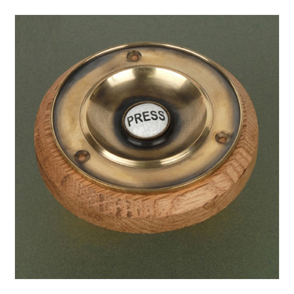 BPFo • 120 x 100mm Ø x 27mm Projection • Aged Brass • Reproduction Foley Bell Push With Timber Rose