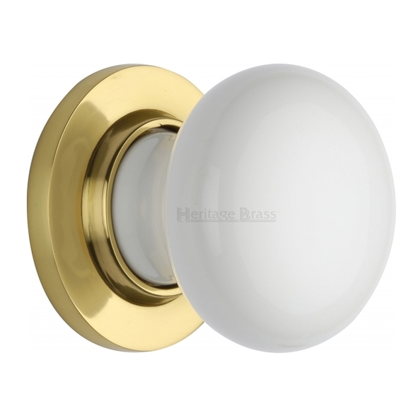 5010-PB  Polished Brass Rose  Heritage Brass Porcelain White Knobs On Round Roses