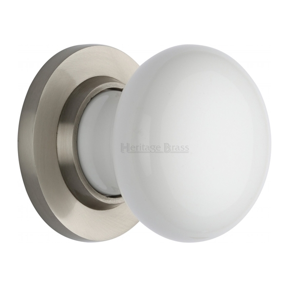 5010-SN  Satin Nickel Rose  Heritage Brass Porcelain White Knobs On Round Roses