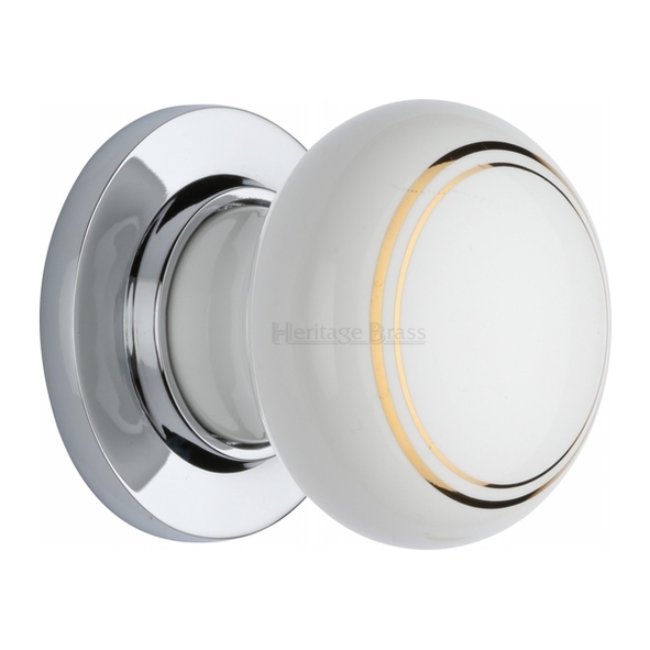 6010-PC • Polished Chrome Rose • Heritage Brass Porcelain Gold Line Knobs On Round Roses