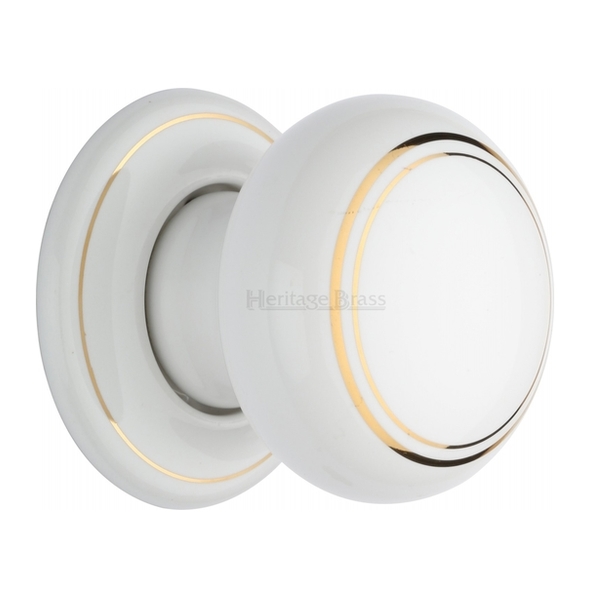 6010-PR • White Rose • Heritage Brass Porcelain Gold Line Knobs On Round Roses