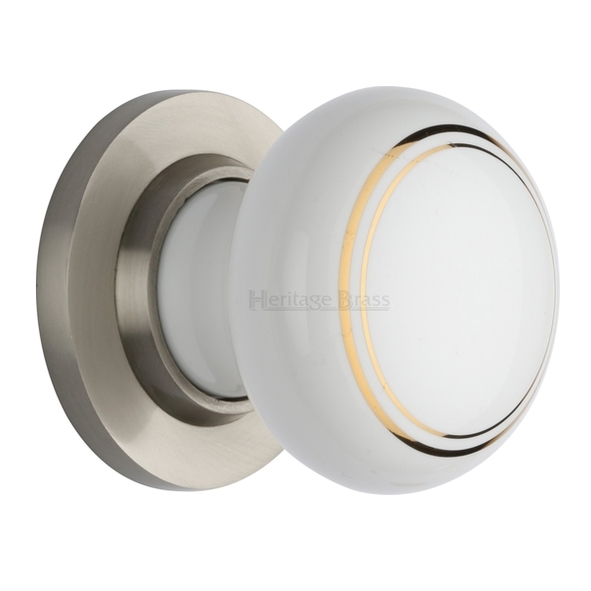 6010-SN • Satin Nickel Rose • Heritage Brass Porcelain Gold Line Knobs On Round Roses