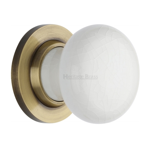 7010-AT • Antique Brass Rose • Heritage Brass Porcelain White Crackle Knobs On Round Roses