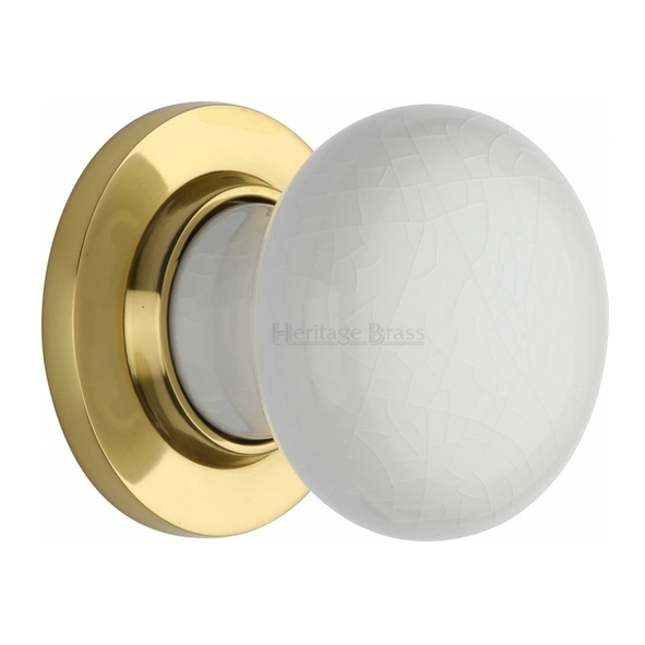 7010-PB  Polished Brass Rose  Heritage Brass Porcelain White Crackle Knobs On Round Roses