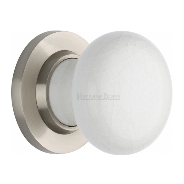 7010-SN • Satin Nickel Rose • Heritage Brass Porcelain White Crackle Knobs On Round Roses