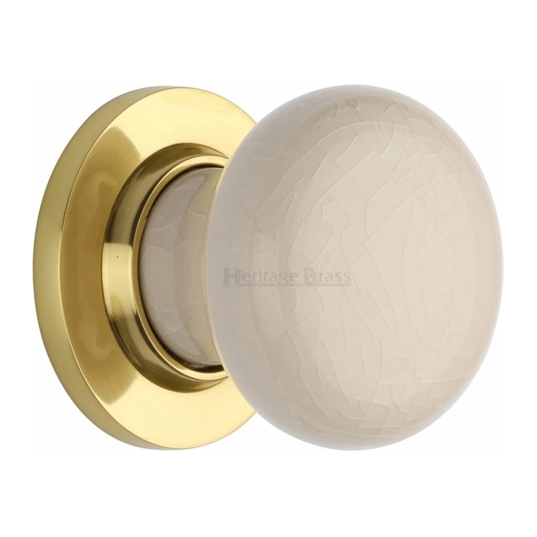 8010-PB • Polished Brass Rose • Heritage Brass Porcelain Cream Crackle Knobs On Round Roses