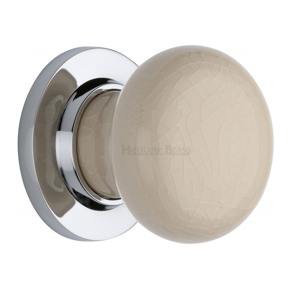 8010-PC  Polished Chrome Rose  Heritage Brass Porcelain Cream Crackle Knobs On Round Roses