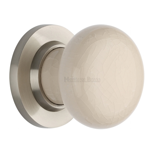 8010-SN • Satin Nickel Rose • Heritage Brass Porcelain Cream Crackle Knobs On Round Roses