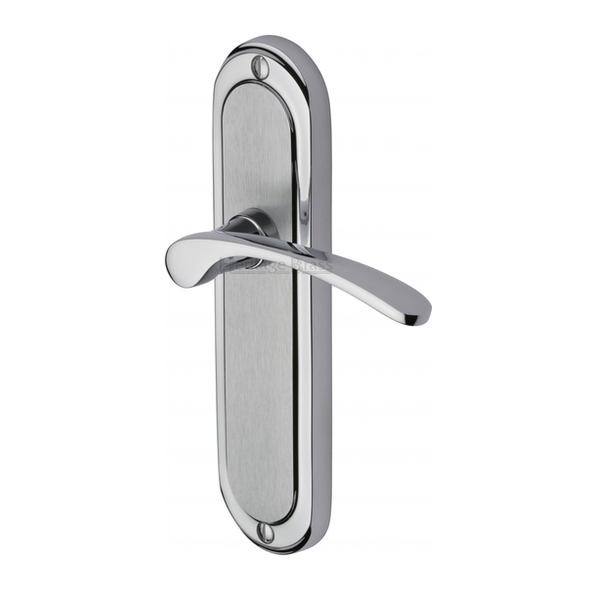 AMB6210-AP • Long Plate Latch • Satin / Polished Chrome • Heritage Brass Ambassador Levers On Backplates