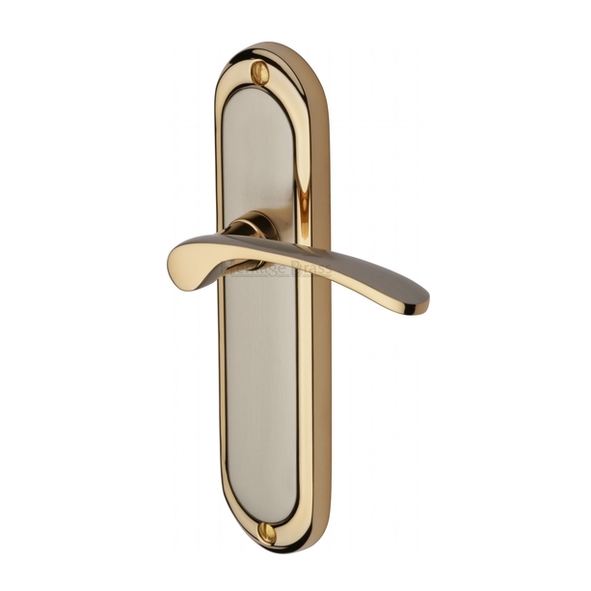 AMB6210-JP • Long Plate Latch • Satin Nickel / Gold • Heritage Brass Ambassador Levers On Backplates