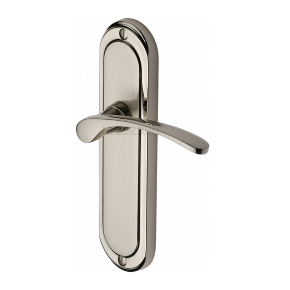 AMB6210-MC  Long Plate Latch  Satin / Polished Nickel  Heritage Brass Ambassador Levers On Backplates