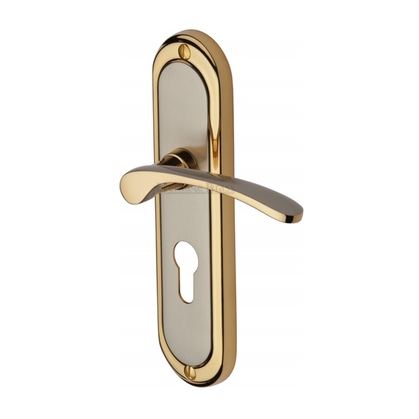 AMB6248-JP • Euro Cylinder [47.5mm] • Satin Nickel / Gold • Heritage Brass Ambassador Levers On Backplates