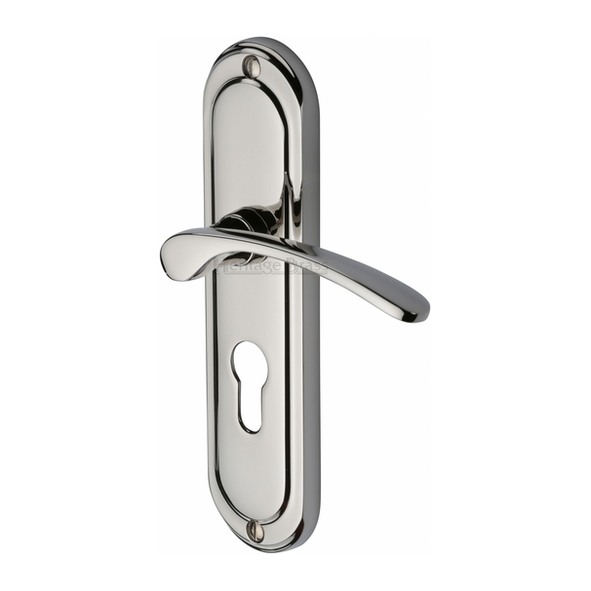 AMB6248-PNF • Euro Cylinder [47.5mm] • Polished Nickel • Heritage Brass Ambassador Levers On Backplates