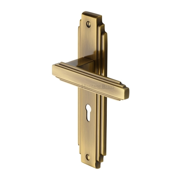AST5900-AT • Standard Lock [57mm] • Antique Brass • Heritage Brass Astoria Art Deco Levers On Backplates
