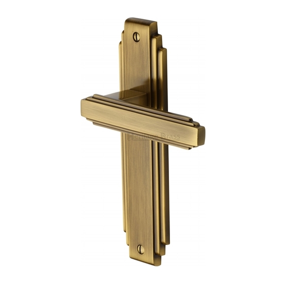 AST5910-AT • Long Plate Latch • Antique Brass • Heritage Brass Astoria Art Deco Levers On Backplates