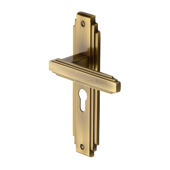 AST5948-AT • Euro Cylinder [47.5mm] • Antique Brass • Heritage Brass Astoria Art Deco Levers On Backplates