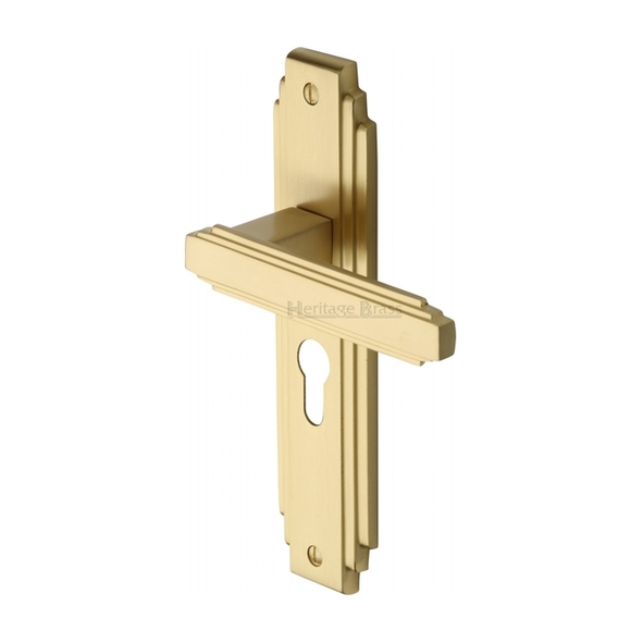 AST5948-SB • Euro Cylinder [47.5mm] • Satin Brass • Heritage Brass Astoria Art Deco Levers On Backplates