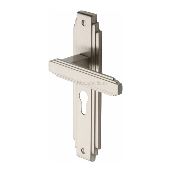 AST5948-SN • Euro Cylinder [47.5mm] • Satin Nickel • Heritage Brass Astoria Art Deco Levers On Backplates