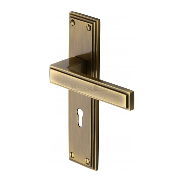 ATL5700-AT • Standard Lock [57mm] • Antique Brass • Heritage Brass Atlantis Art Deco Levers On Backplates