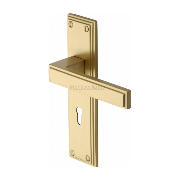 ATL5700-SB • Standard Lock [57mm] • Satin Brass • Heritage Brass Atlantis Art Deco Levers On Backplates
